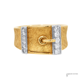 14K Yellow Gold Diamond Buckle Ring 0.25 CTW Natural Diamonds, Size 6.3, Vintage Textured Statement Ring