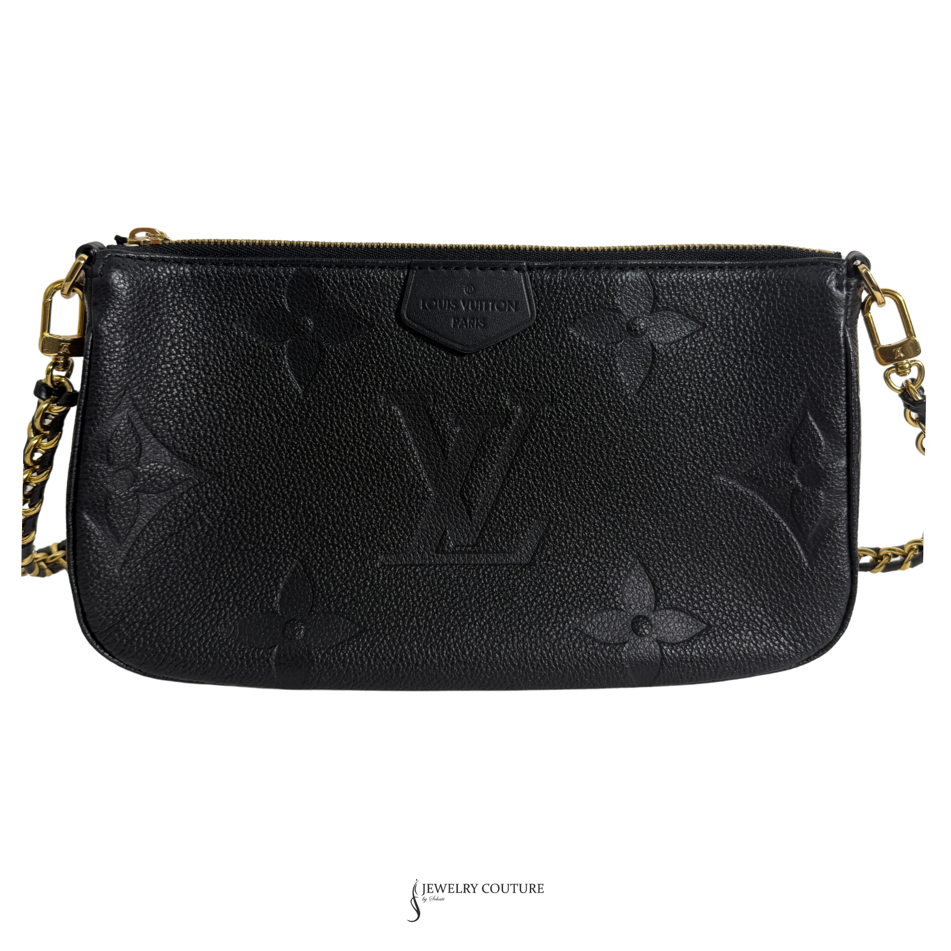 Black handbag with gold chain strap on a white background
