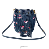 Authentic Miu Miu Denim Floral Bucket Shoulder Bag with Leather Trim – Designer Crossbody Handbag