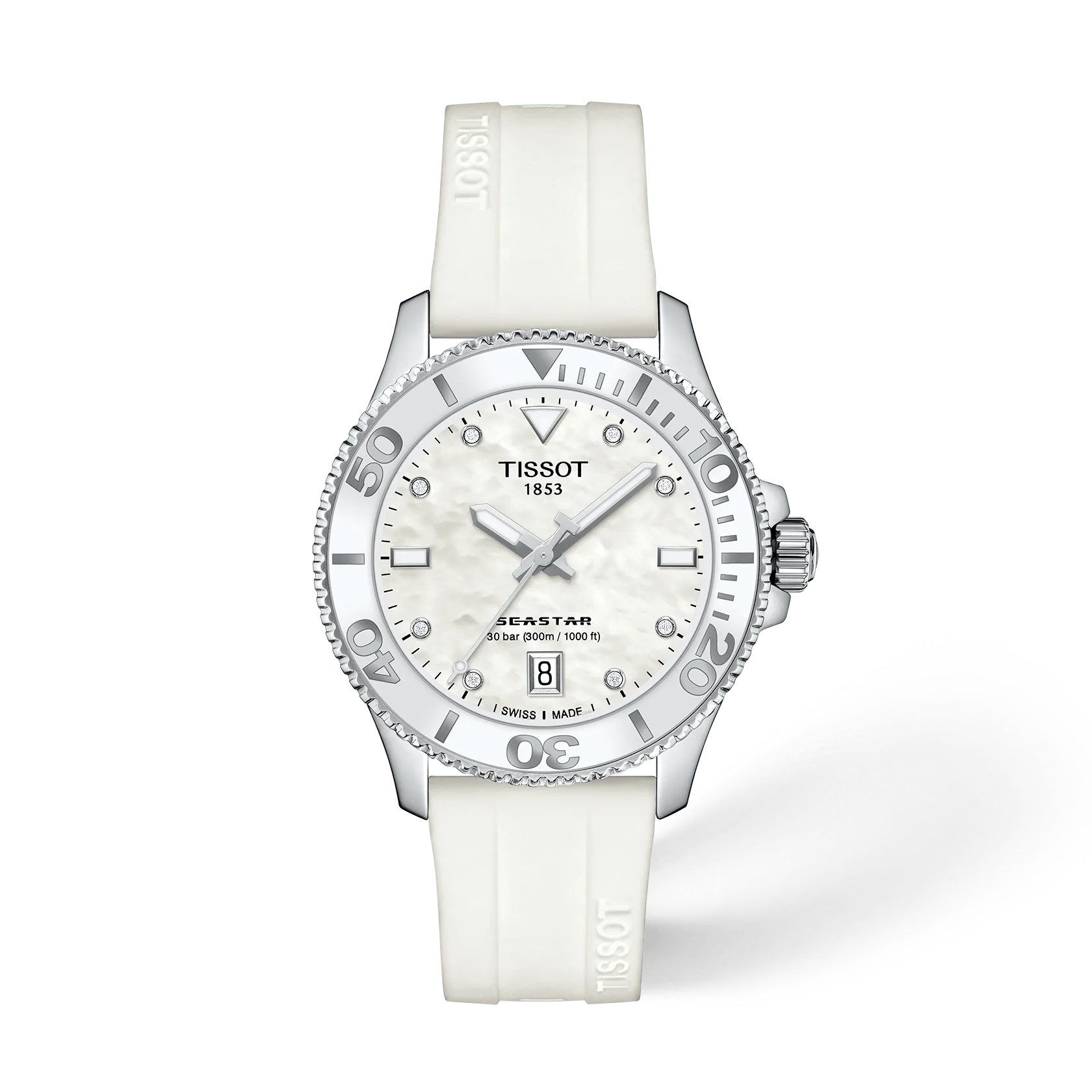 Tissot Seastar 1000 36mm T120.210.17.116.00 Mother-of-Pearl Diamond Dial White Strap Watch