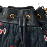 Authentic Miu Miu Denim Floral Bucket Shoulder Bag with Leather Trim – Designer Crossbody Handbag