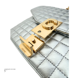 Celine Silver Quilted C Bag – Pre-Owned Calfskin Leather Shoulder Bag with Gold Chain | Authentic Designer Handbag | Luxury Celine Crossbody Purse