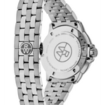 Silver stainless steel watch with a multi-link bracelet, shown from the back to display the engraved case back and clasp logo on a white background.