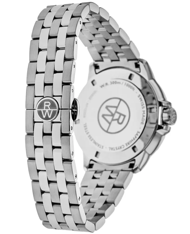 Silver stainless steel watch with a multi-link bracelet, shown from the back to display the engraved case back and clasp logo on a white background.