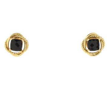 A pair of gold-toned twisted rope stud earrings with square-cut black gemstones, shown against a plain white background.