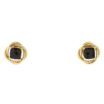 A pair of gold-toned twisted rope stud earrings with square-cut black gemstones, shown against a plain white background.