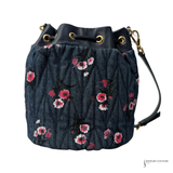 Authentic Miu Miu Denim Floral Bucket Shoulder Bag with Leather Trim – Designer Crossbody Handbag