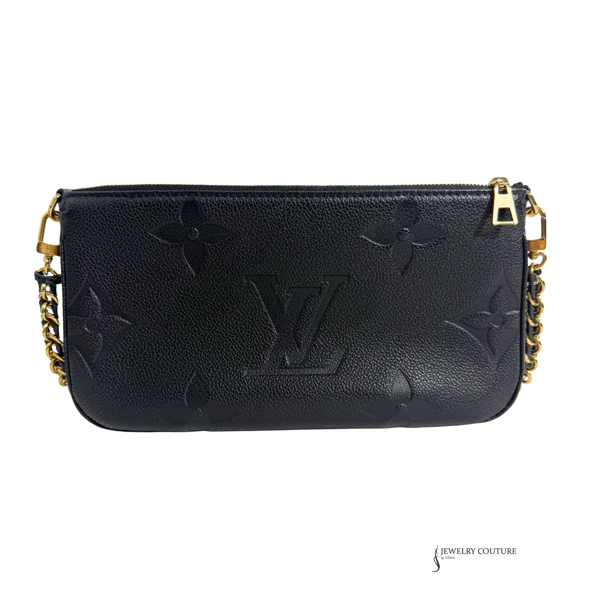 Black handbag with gold chain strap on a white background