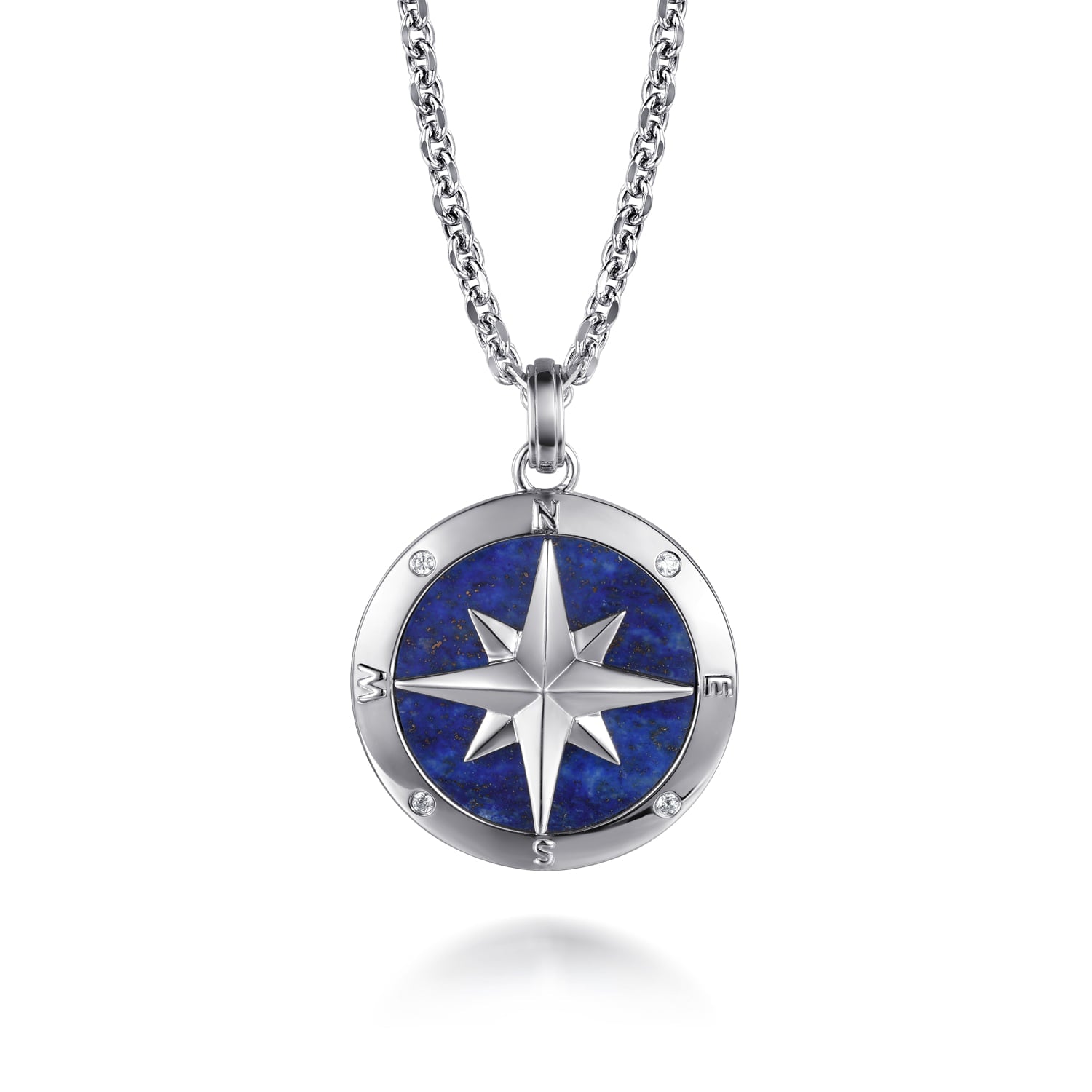 Gabriel & Co. Polaris Sterling Silver Diamond and Lapis Compass Pendant Men's Necklace 22 Inch