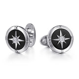 925 Sterling Silver Round Compass Cufflinks Diamond and Onyx In-Store