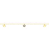 14K Yellow Gold Chain Ankle Bracelet with Round Hammered and Diamond Disc Drops