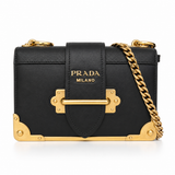 Authentic Prada Cahier City Crossbody Bag Black Calfskin & Saffiano Leather Antique Gold Hardware | Made in Italy | Pre-Owned