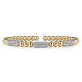 14K White and Yellow Gold Diamond Pavé Three Station Bar Bujukan Beads Split Bangle Bracelet