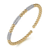 14K White and Yellow Gold Diamond Pavé Three Station Bar Bujukan Beads Split Bangle Bracelet