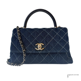 CHANEL Denim Quilted Small Coco Handle Flap Blue Bag Silver Hardware Trendy