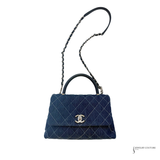 CHANEL Denim Quilted Small Coco Handle Flap Blue Bag Silver Hardware Trendy