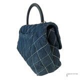 CHANEL Denim Quilted Small Coco Handle Flap Blue Bag Silver Hardware Trendy