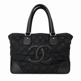 CHANEL Paris New York Quilted Nylon & Calfskin CC Tote Shoulder Bag Black Pre-Owned