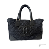 CHANEL Paris New York Quilted Nylon & Calfskin CC Tote Shoulder Bag Black Pre-Owned