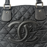 CHANEL Paris New York Quilted Nylon & Calfskin CC Tote Shoulder Bag Black Pre-Owned