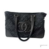 CHANEL Paris New York Quilted Nylon & Calfskin CC Tote Shoulder Bag Black Pre-Owned