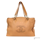 Chanel Whipstitch CC Bowler Bag STITCH LOGO BEIGE TAN LEATHER ZIP SHOULDER BAG Pre Owned