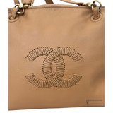 Chanel Whipstitch CC Bowler Bag STITCH LOGO BEIGE TAN LEATHER ZIP SHOULDER BAG Pre Owned