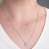 14K White Gold Diamond Initial “B” Necklace Personalized Letter Pendant, 17” Chain
