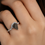 Salt and Pepper Diamond Ring Pentagonal Center Accent Diamonds 14KT White Gold – Unique Geometric Engagement Ring