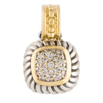 A two-tone gold and silver pendant charm featuring a central square cluster of clear pavé diamonds surrounded by a gold border, with a twisted silver rope-style border and a gold top loop, shown on a plain white background.