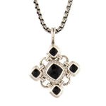 A silver-toned chain necklace with a geometric cross-shaped pendant featuring a central black square and four smaller black square accents, set against a plain white background.