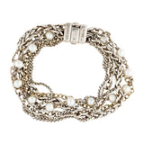 A multi-strand silver chain bracelet with white faux pearls, displayed on a clean white background. The clasp is a polished silver magnetic clasp, and the brand name 'SARAGO' is engraved on the metal.