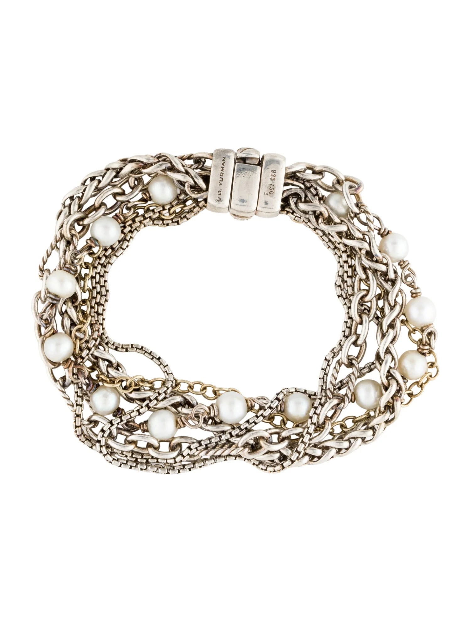 A multi-strand silver chain bracelet with white faux pearls, displayed on a clean white background. The clasp is a polished silver magnetic clasp, and the brand name 'SARAGO' is engraved on the metal.