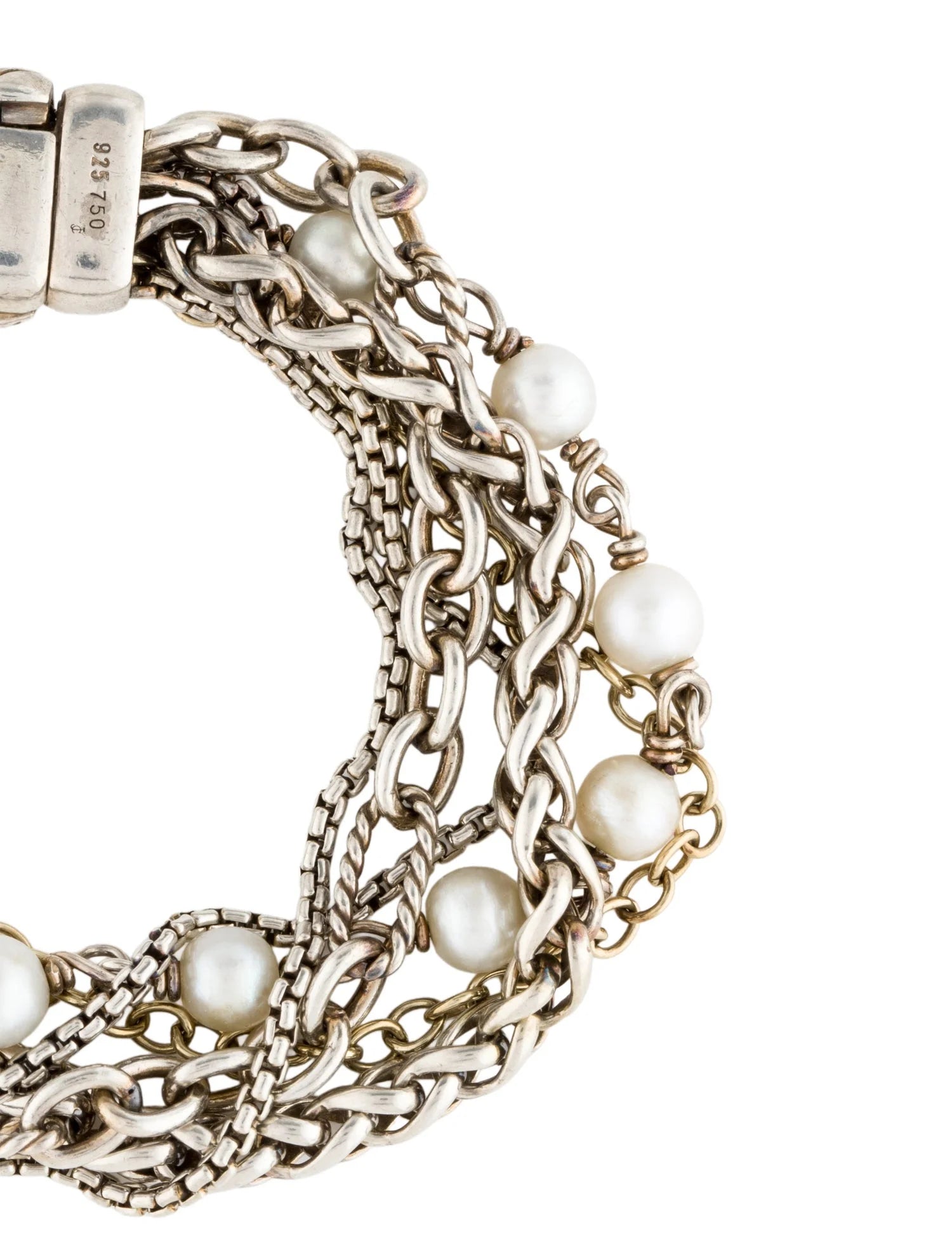 A close-up of a multi-strand bracelet featuring silver-tone chain links, braided chain, and white pearl beads on a plain white background.