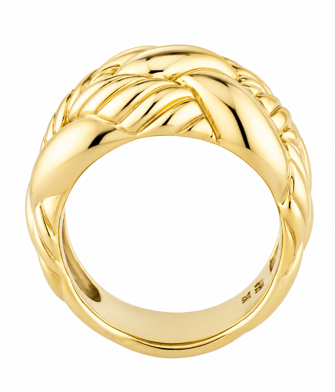 A polished yellow gold ring with a textured, woven cable-like design on the upper half and a smooth tapered band, shown against a plain white background.