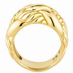 A polished yellow gold ring with a textured, woven cable-like design on the upper half and a smooth tapered band, shown against a plain white background.