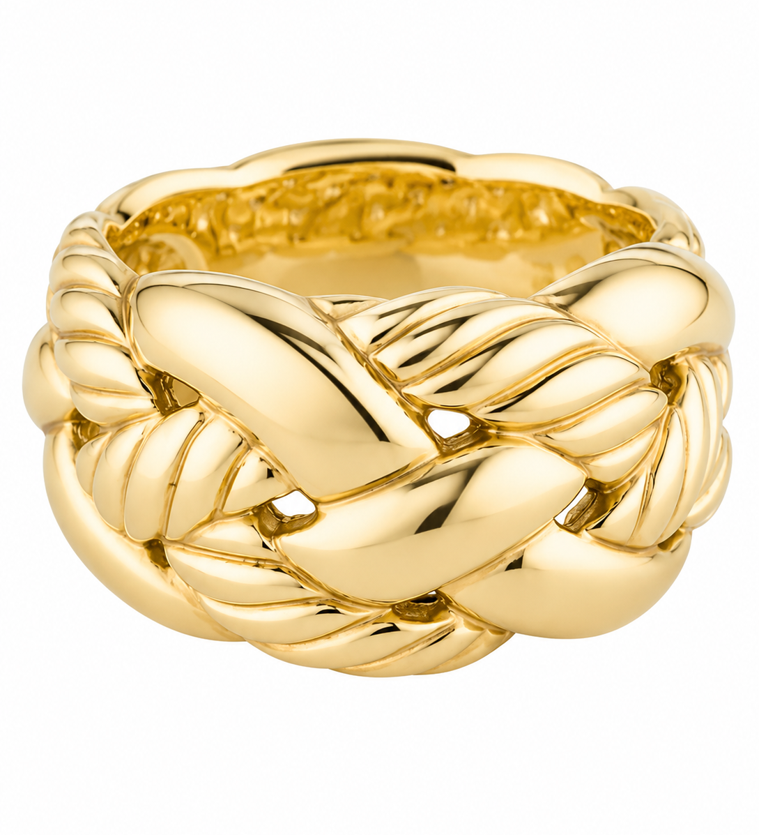 A polished yellow gold ring with a thick, sculptural design featuring interlocking twisted and ribbed bands, photographed on a seamless white background.