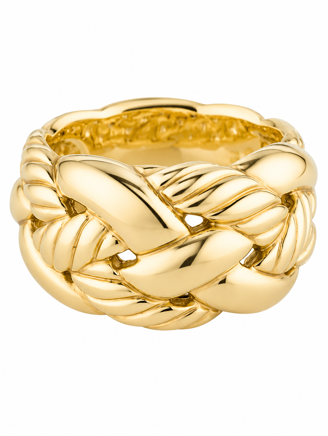 A polished yellow gold ring with a thick, sculptural design featuring interlocking twisted and ribbed bands, photographed on a seamless white background.
