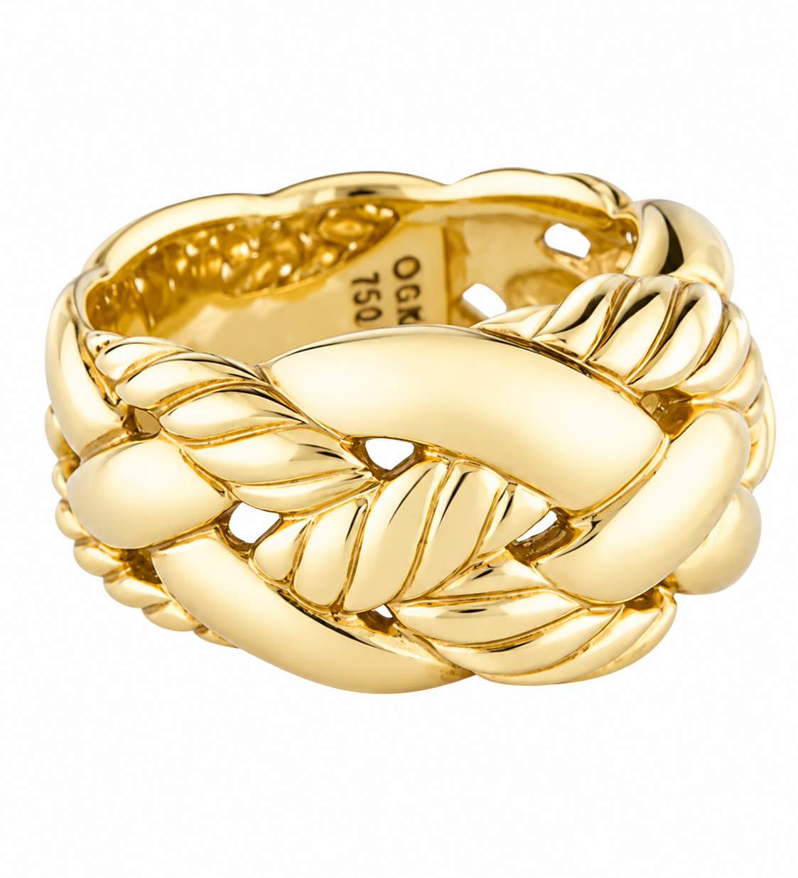 A polished yellow gold ring featuring a thick, interwoven rope-like knot design, shown on a clean white background. The inside of the band is stamped with '10K 750'.
