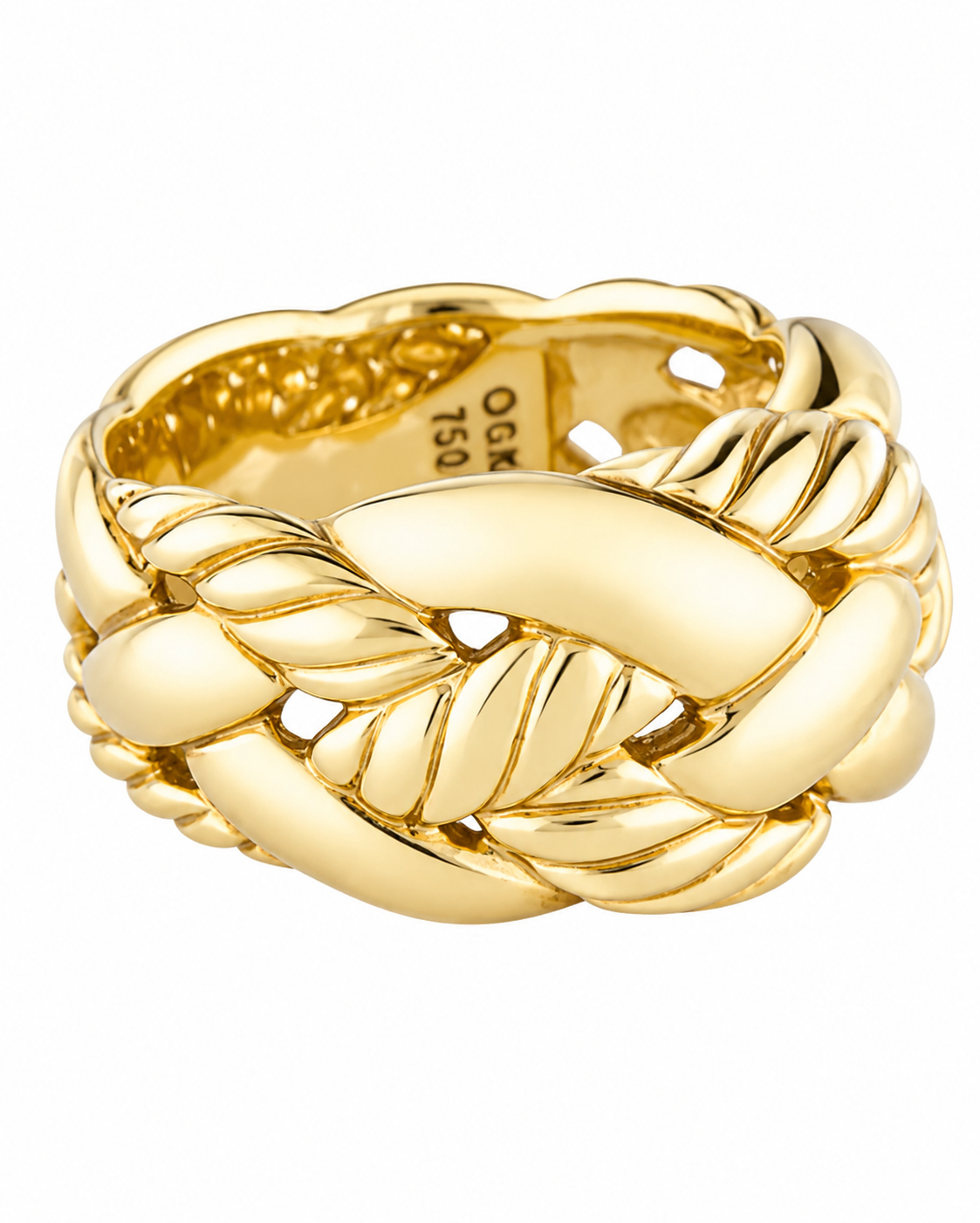 A polished yellow gold ring featuring a thick, interwoven rope-like knot design, shown on a clean white background. The inside of the band is stamped with '10K 750'.