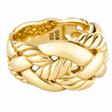 A polished yellow gold ring featuring a thick, interwoven rope-like knot design, shown on a clean white background. The inside of the band is stamped with '10K 750'.