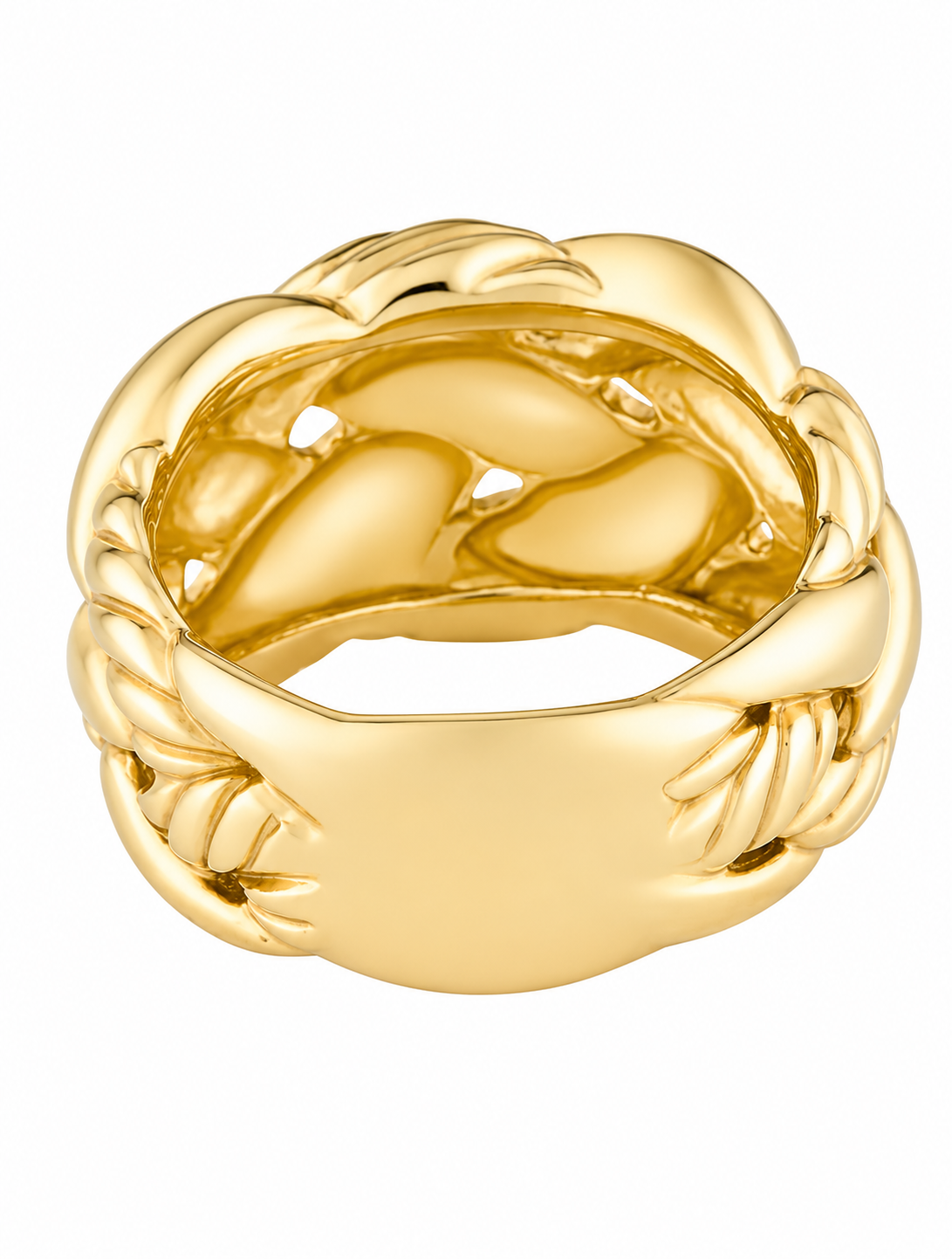 A polished yellow gold ring with a wide, sculptural band featuring a braided and layered textured design, shown on a plain white background.