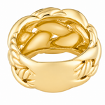 A polished yellow gold ring with a wide, sculptural band featuring a braided and layered textured design, shown on a plain white background.