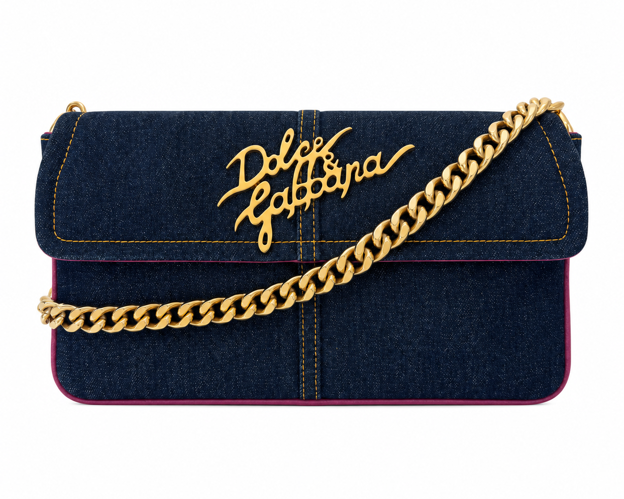 A Dolce & Gabbana denim shoulder bag with a gold-tone chain strap and gold-tone logo lettering on the front flap, set against a plain white background.