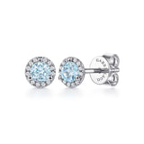 14K White Gold Halo Aquamarine and Diamond Stud Earrings