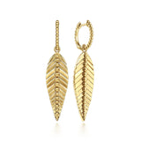 14K Yellow Plain Gold Huggie Drop Leaf Earrings