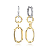 14K White and Yellow Gold Diamond Hollow Tube Huggie Drop Earrings