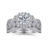 Art Deco Inspired 14K White Gold Round Cut Halo Diamond Engagement Ring