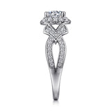Art Deco Inspired 14K White Gold Round Cut Halo Diamond Engagement Ring