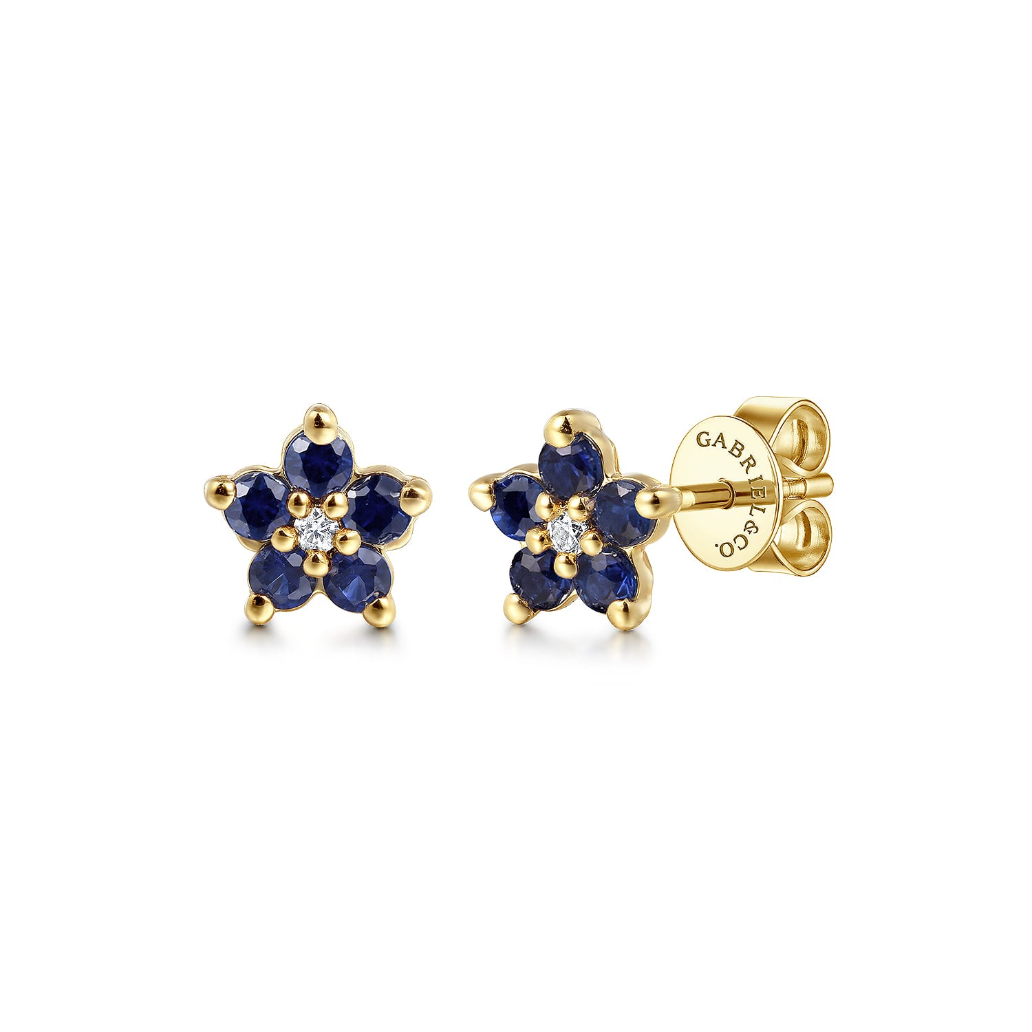 Gabriel & Co. EG14958Y45SA sapphire and diamond flower stud earrings in 14K yellow gold